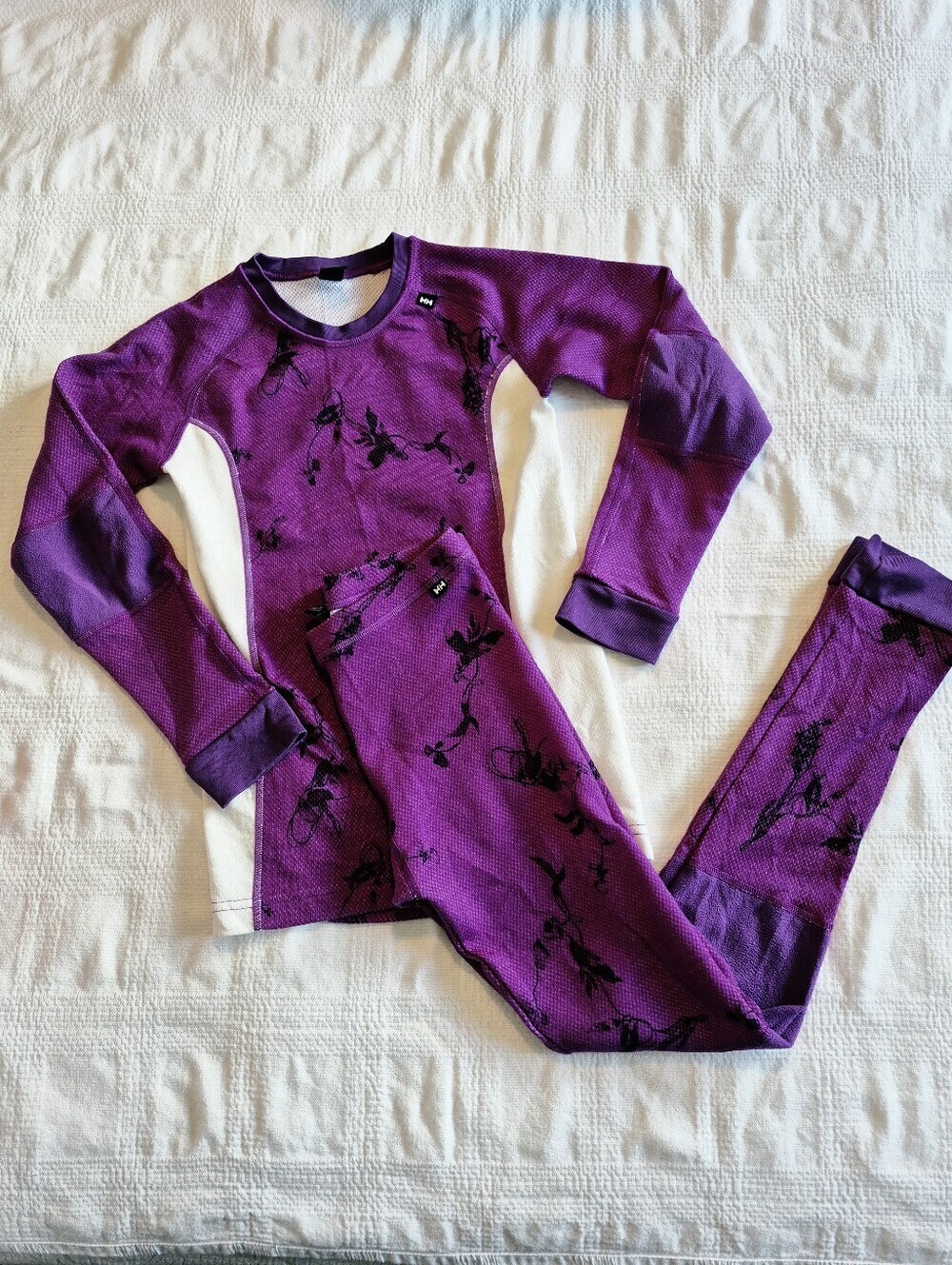 Helly Hansen girls size 10 purple floral baselayer set Lifa merino blend EUC